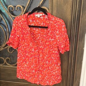 Boden Red and White Notched Collar Ruched Blouse